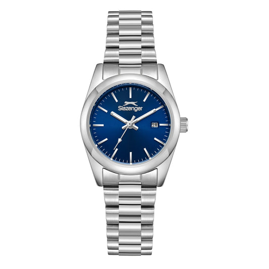 Slazenger silver stainless steel watch with blue dial and day-date window