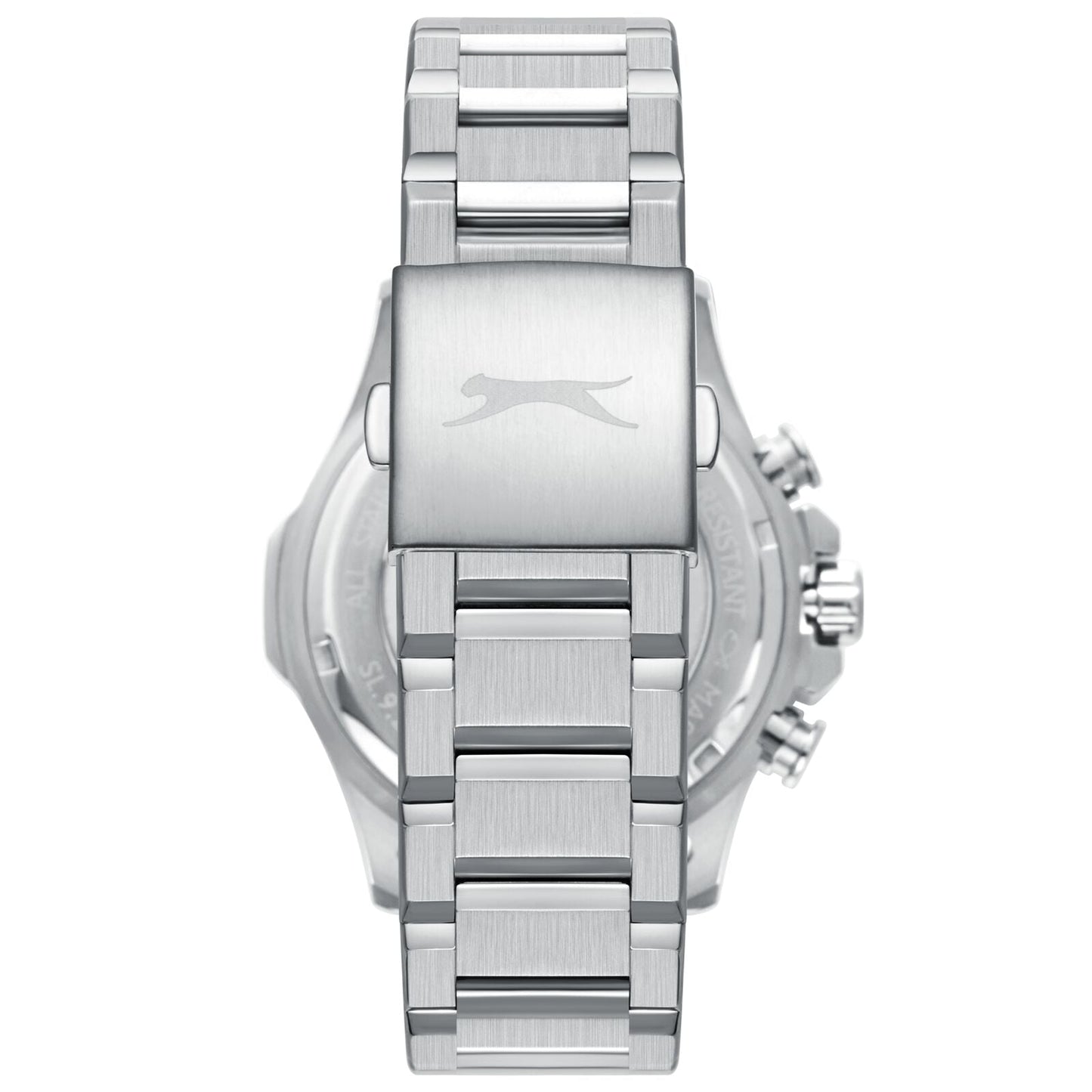 Caseback view of Slazenger watch showing silver stainless steel back with Slazenger logo