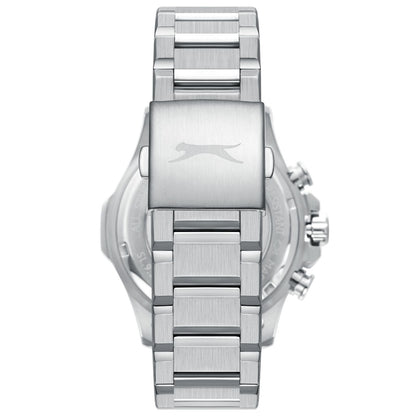 Caseback view of Slazenger watch showing silver stainless steel back with Slazenger logo