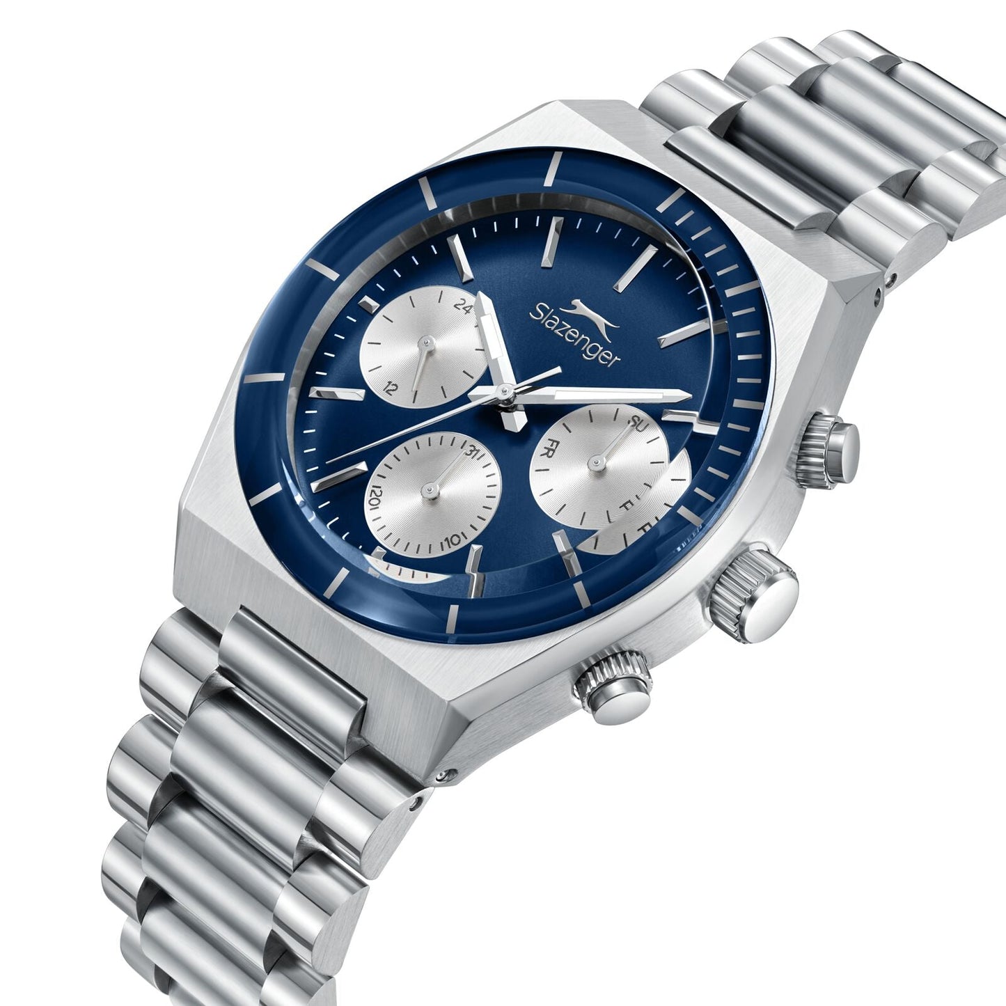 Angled view of Slazenger Classic Chronograph showing deep blue dial and silver stainless steel bracelet