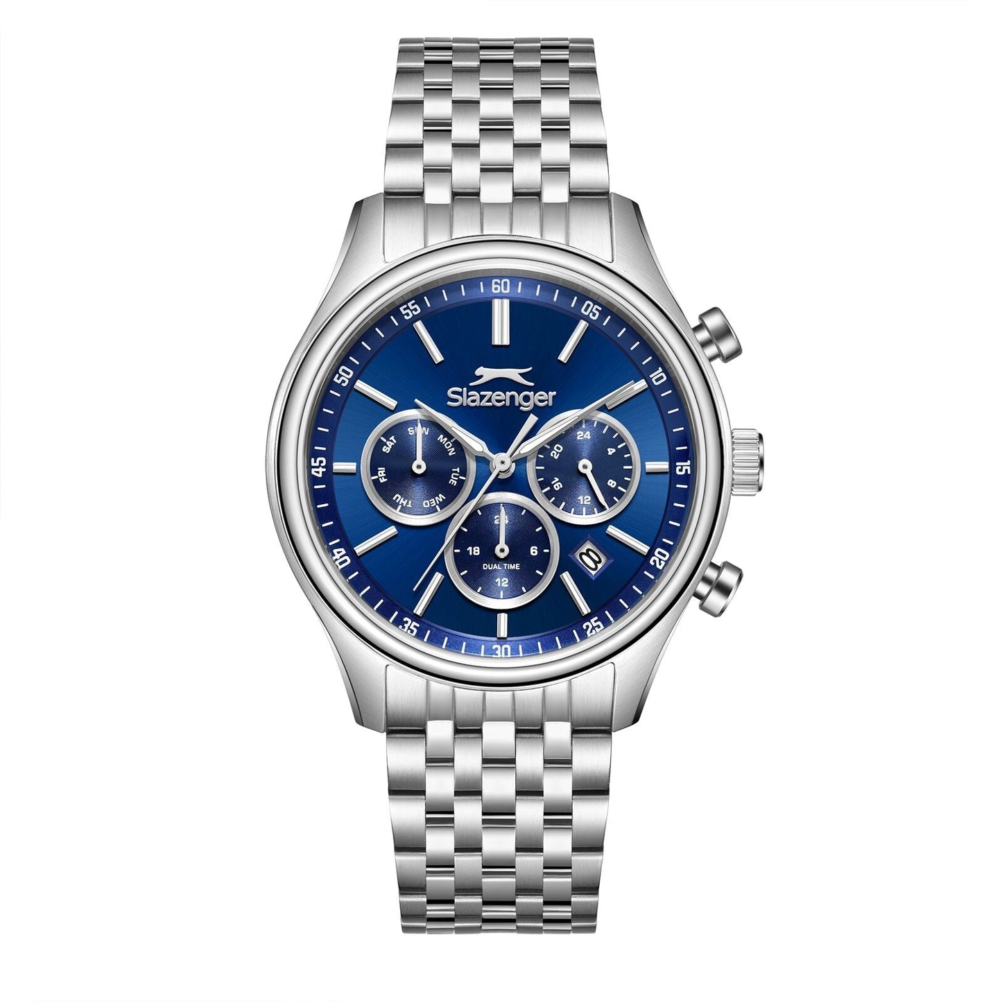 Slazenger chronograph watch with blue dial and silver stainless steel bracelet