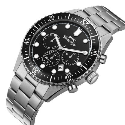 Slazenger chronograph watch from angled view showing three subdials and tachymeter bezel