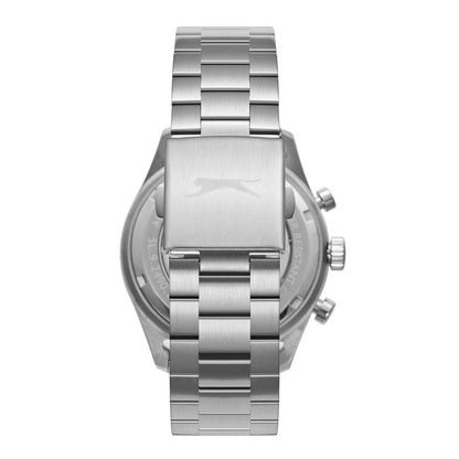Caseback view of Slazenger chronograph with Slazenger branding on stainless steel