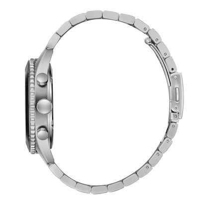 Side profile of Slazenger chronograph showing metallic silver stainless steel case and bracelet