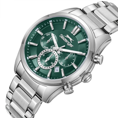 Angled view of Slazenger Sport green chronograph watch showing dial and stainless steel bracelet