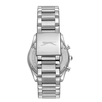 Caseback view of Slazenger Sport watch showing metallic stainless steel bracelet and Slazenger logo