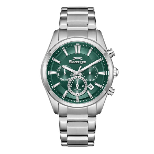 Slazenger Sport green dial multifunction chronograph watch with metallic stainless steel case and bracelet