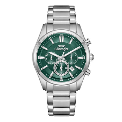 Slazenger Sport green dial multifunction chronograph watch with metallic stainless steel case and bracelet