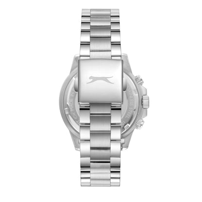 Caseback view of Slazenger watch with Slazenger logo on silver case