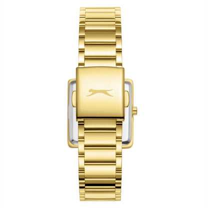 Slazenger gold tank watch rear view showing caseback and bracelet