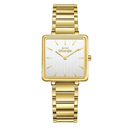 Slazenger gold square tank watch with white dial and gold bracelet strap