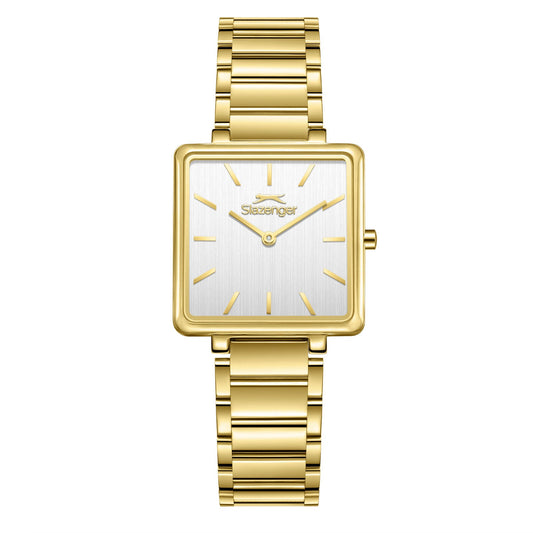Slazenger gold square tank watch with white dial and gold bracelet strap