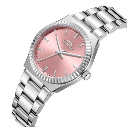 Side angle view of Slazenger watch showing pink MOP dial, textured bezel, and silver-tone link bracelet