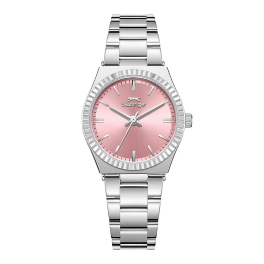 Slazenger fashion watch with pink mother-of-pearl dial and silver-tone stainless steel case and bracelet