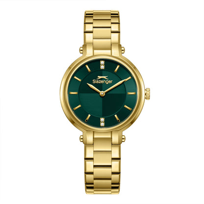 Slazenger green sunray dial gold watch with gold-tone bracelet, front view