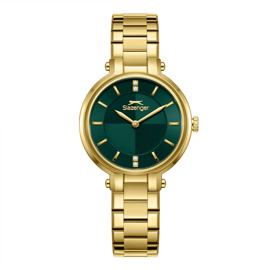 Slazenger green sunray dial gold watch with gold-tone bracelet, front view