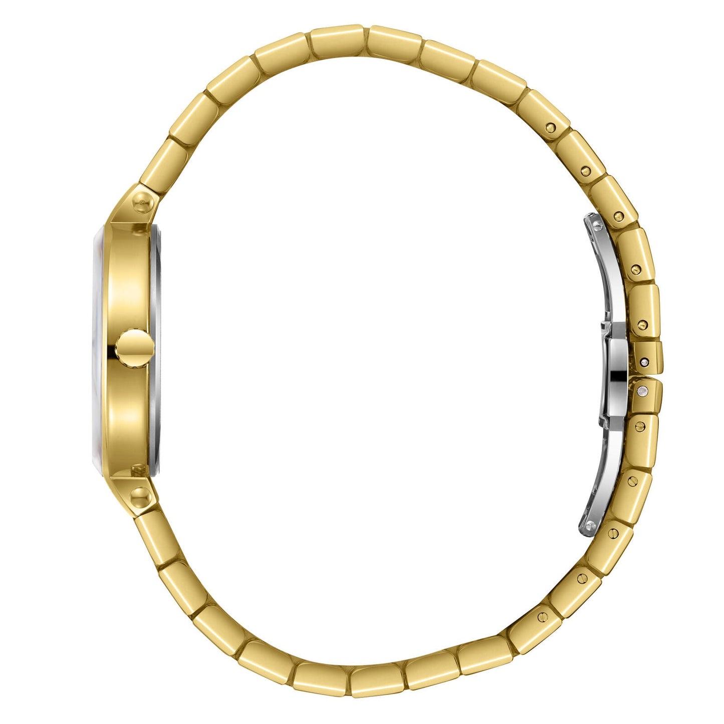 Gold-tone watch bracelet side view showing link construction