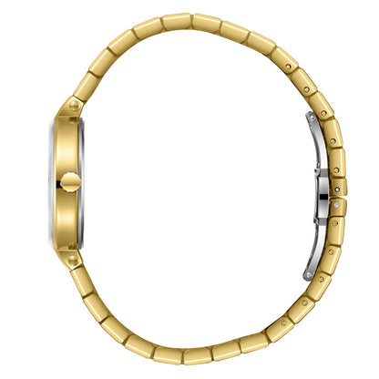 Gold-tone watch bracelet side view showing link construction