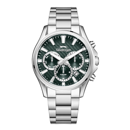 Slazenger oversized chronograph watch with emerald green dial and silver stainless steel bracelet