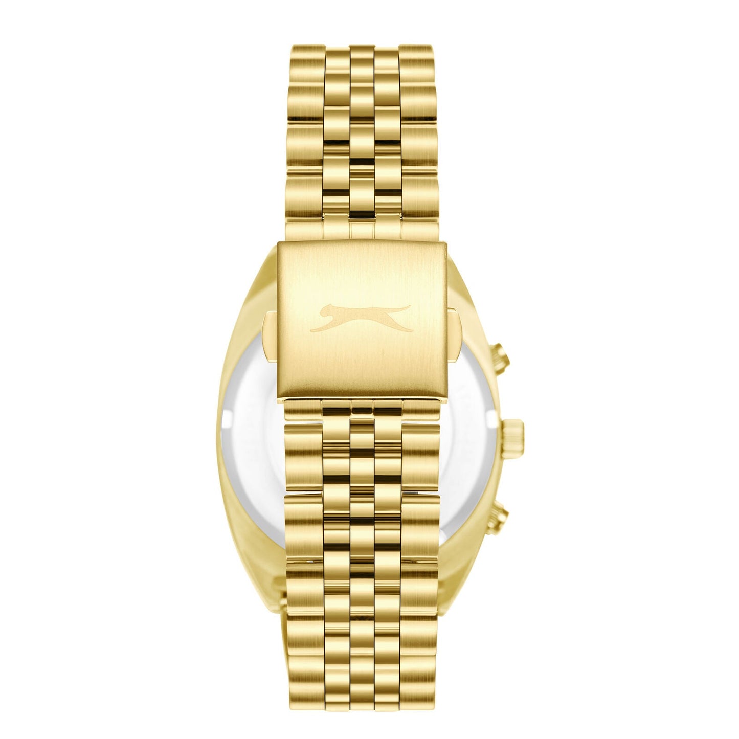 Caseback view of Slazenger gold watch with engraved Slazenger logo and gold bracelet