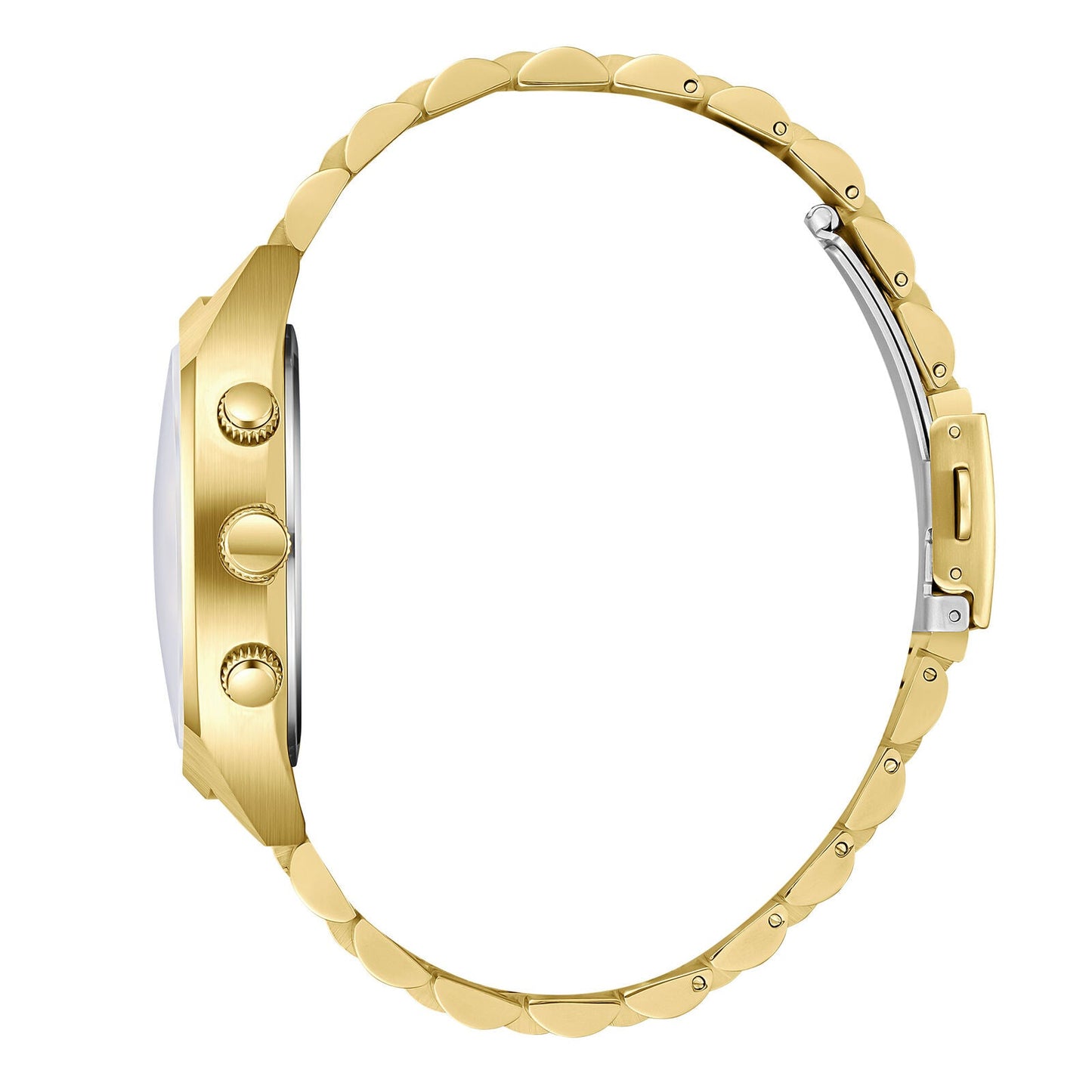 Side profile of Slazenger gold watch displaying case thickness and chronograph pushers