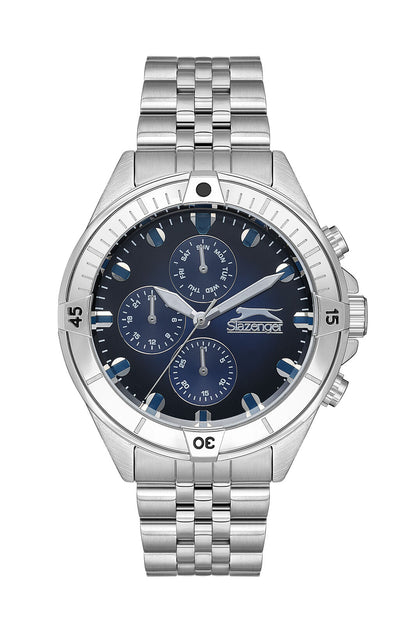Slazenger Sport silver stainless steel multifunction watch with dark blue dial and chronograph subdials