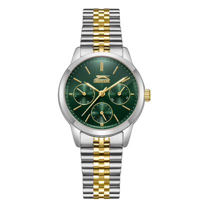 Slazenger Sport two-tone watch with green dial and multifunction chronograph subdials