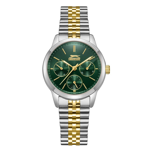 Slazenger Sport two-tone watch with green dial and multifunction chronograph subdials