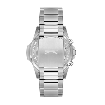 Caseback of Slazenger Sporty watch displaying Slazenger branding on silver steel