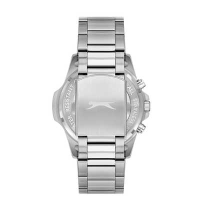 Caseback of Slazenger Sporty watch with Slazenger branding and silver stainless steel