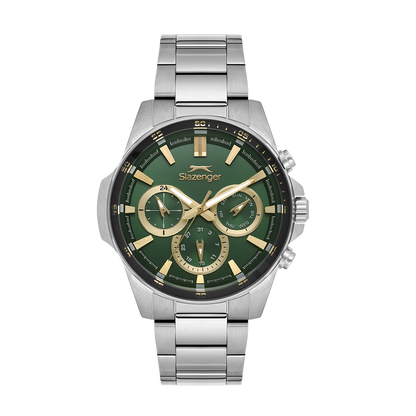 Slazenger Sporty multifunction watch with green dial, silver case and bracelet, three chronograph subdials