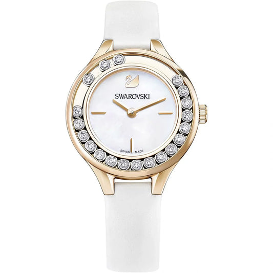 Swarovski Lovely Crystals rose gold women's watch with crystal bezel and white leather strap