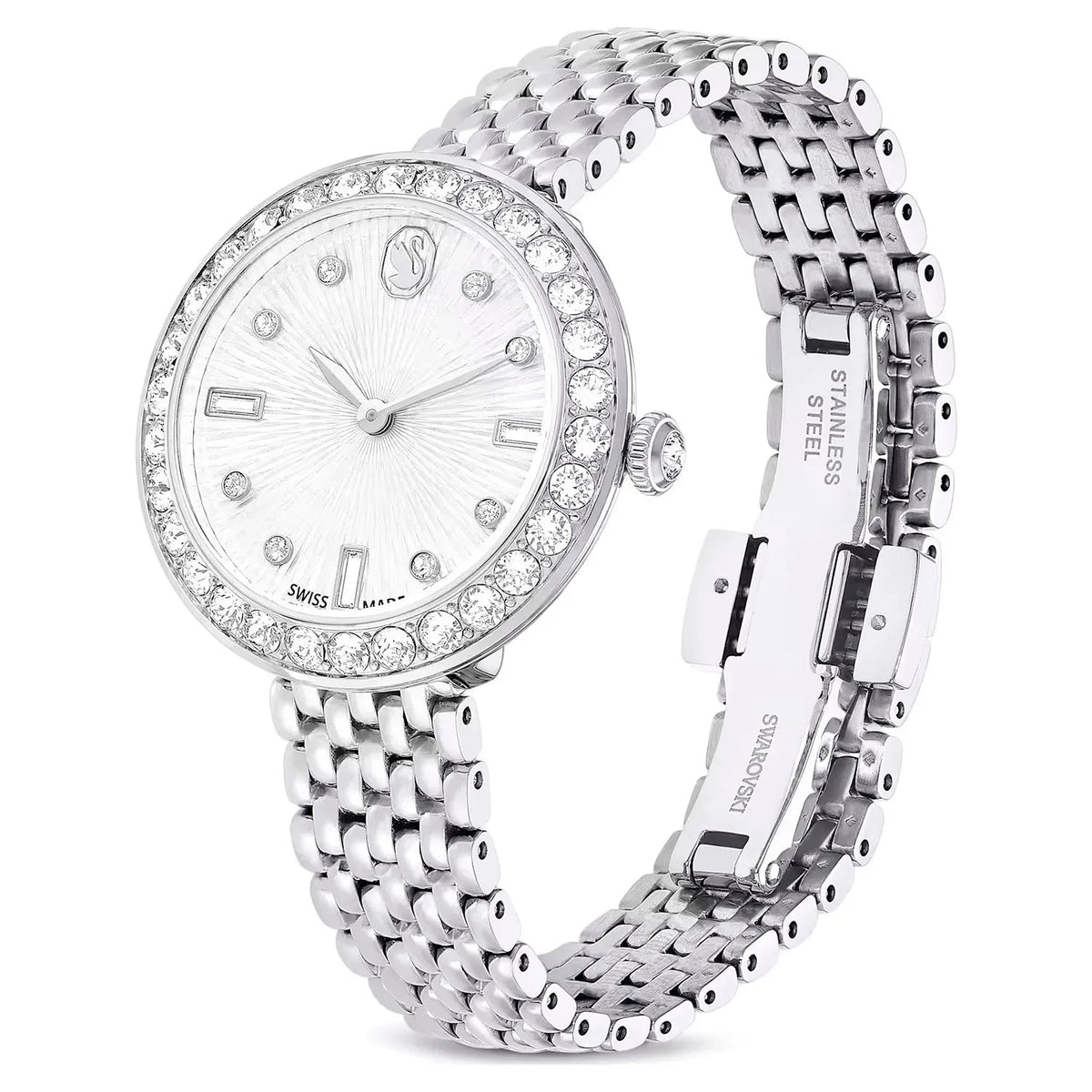 Swarovski Octea Chrono watch front and side view with crystal bezel and steel bracelet
