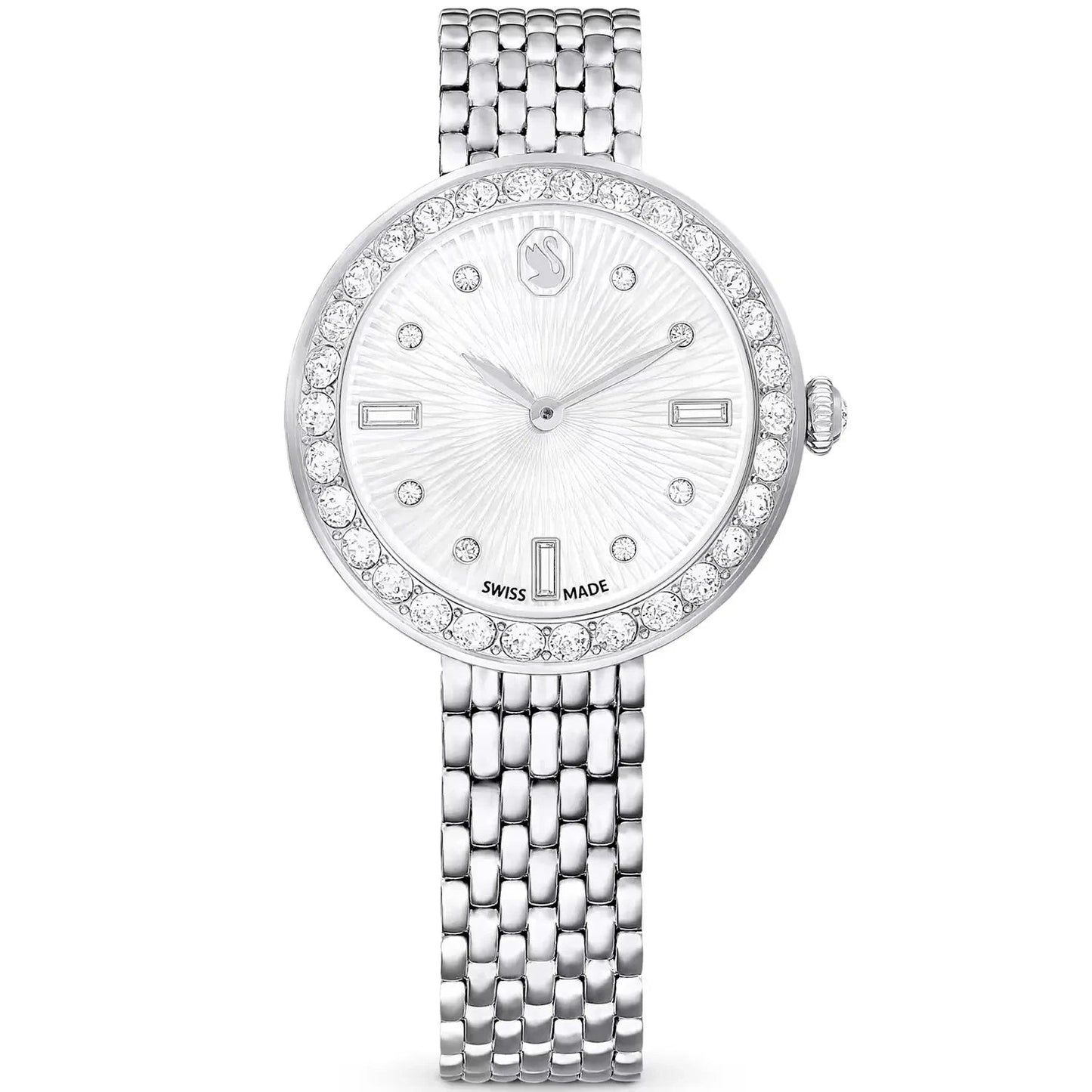 Swarovski Octea Chrono silver watch with crystal bezel and silver dial on steel bracelet