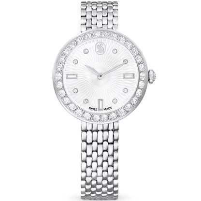 Swarovski Octea Chrono silver watch with crystal bezel and silver dial on steel bracelet