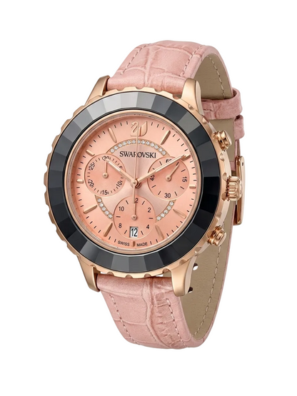 Three-quarter view of Swarovski Octea Lux Chrono chronograph watch with pink crocodile strap