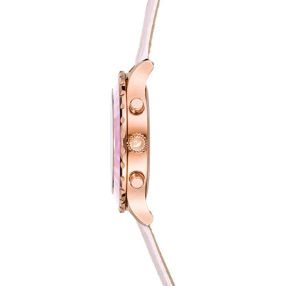 Side profile of Swarovski Octea Lux Chrono watch showing case thickness and pink leather strap