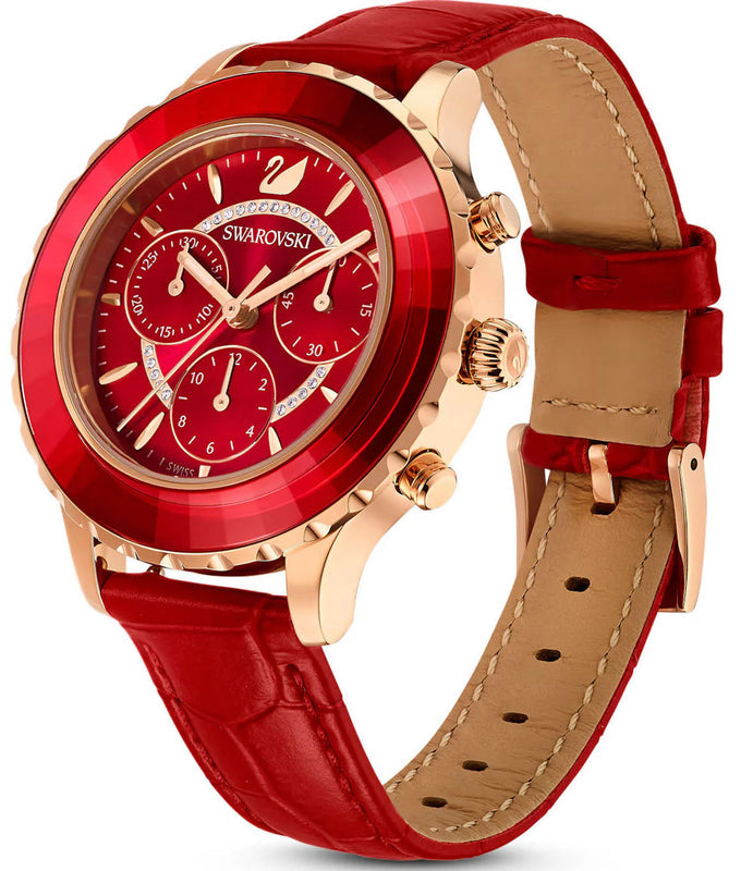 Swarovski Octea Lux Chrono watch three-quarter view with red crystal bezel and rose gold case