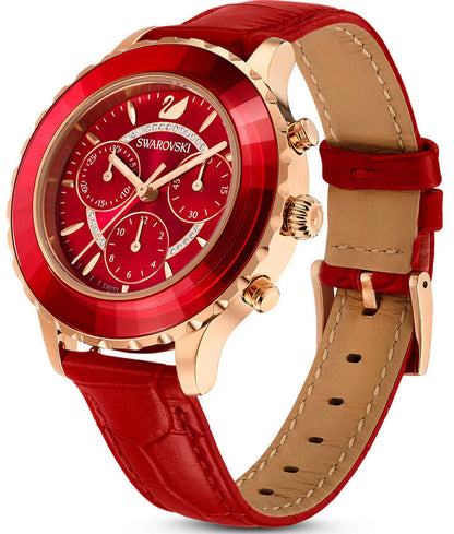 Swarovski Octea Lux Chrono watch three-quarter view with red crystal bezel and rose gold case