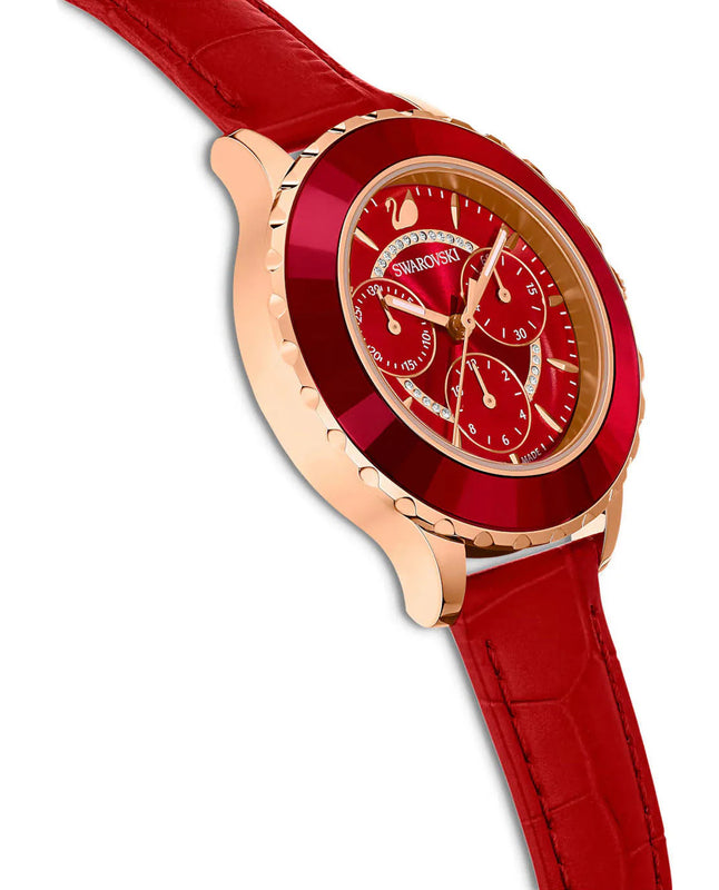 Swarovski Octea Lux Chrono women's chronograph watch worn on wrist with red leather strap