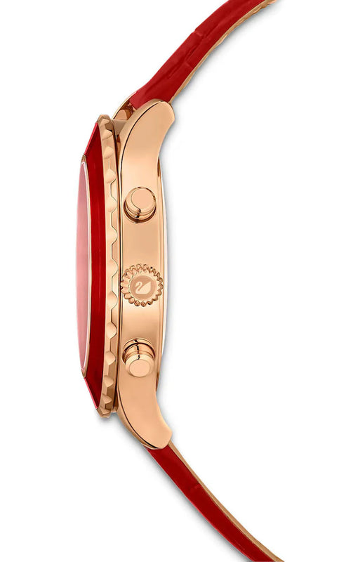 Swarovski Octea Lux Chrono watch side profile showing rose gold case and red leather strap