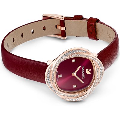 Swarovski Crystalline Aura Pave Ring Burgundy Dial Rose Gold Tone Women's Watch 5552780