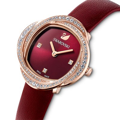 Swarovski Crystalline Aura Pave Ring Burgundy Dial Rose Gold Tone Women's Watch 5552780