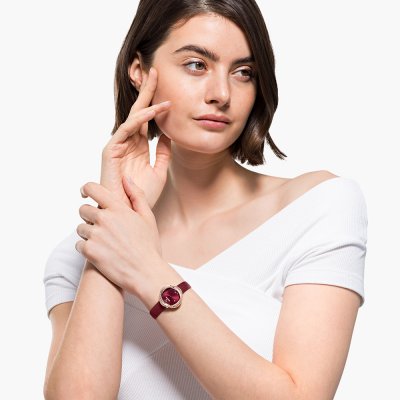 Swarovski Crystalline Aura Pave Ring Burgundy Dial Rose Gold Tone Women's Watch 5552780