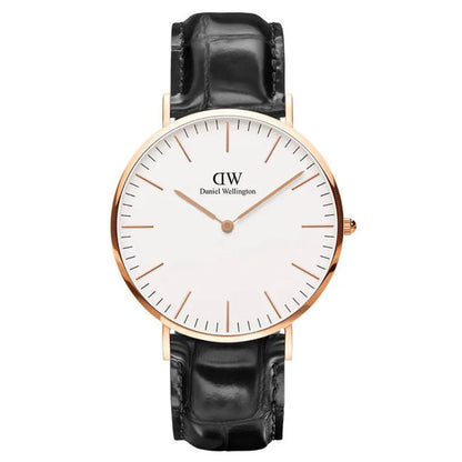 Daniel Wellington Shifeled 36mm White Dial Black Genuine Leather Gold Watch - DW00100041