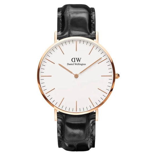 Daniel Wellington Shifeled 36mm White Dial Black Genuine Leather Gold Watch - DW00100041
