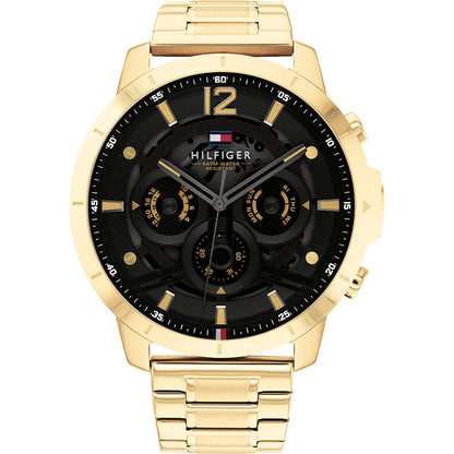 Tommy Hilfiger gold steel watch with black chronograph dial and gold hour markers