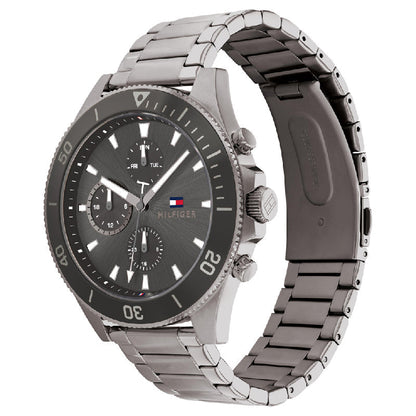Tommy Hilfiger chronograph watch displayed at angle showing dial and metal bracelet