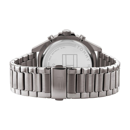 Rear view of Tommy Hilfiger watch showing stainless steel caseback and bracelet