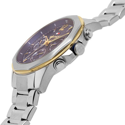 Side profile of Tommy Hilfiger chronograph showing case depth and metal link bracelet